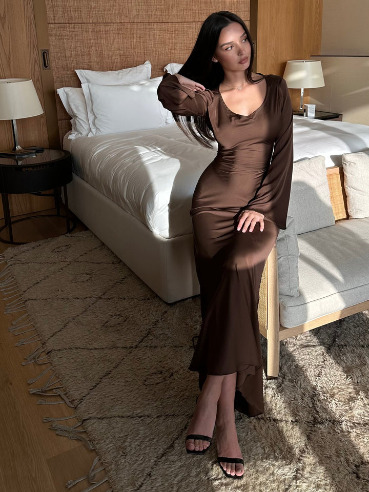 Women's Satin Maxi Dress Long Sleeve A-Line Empire Waist