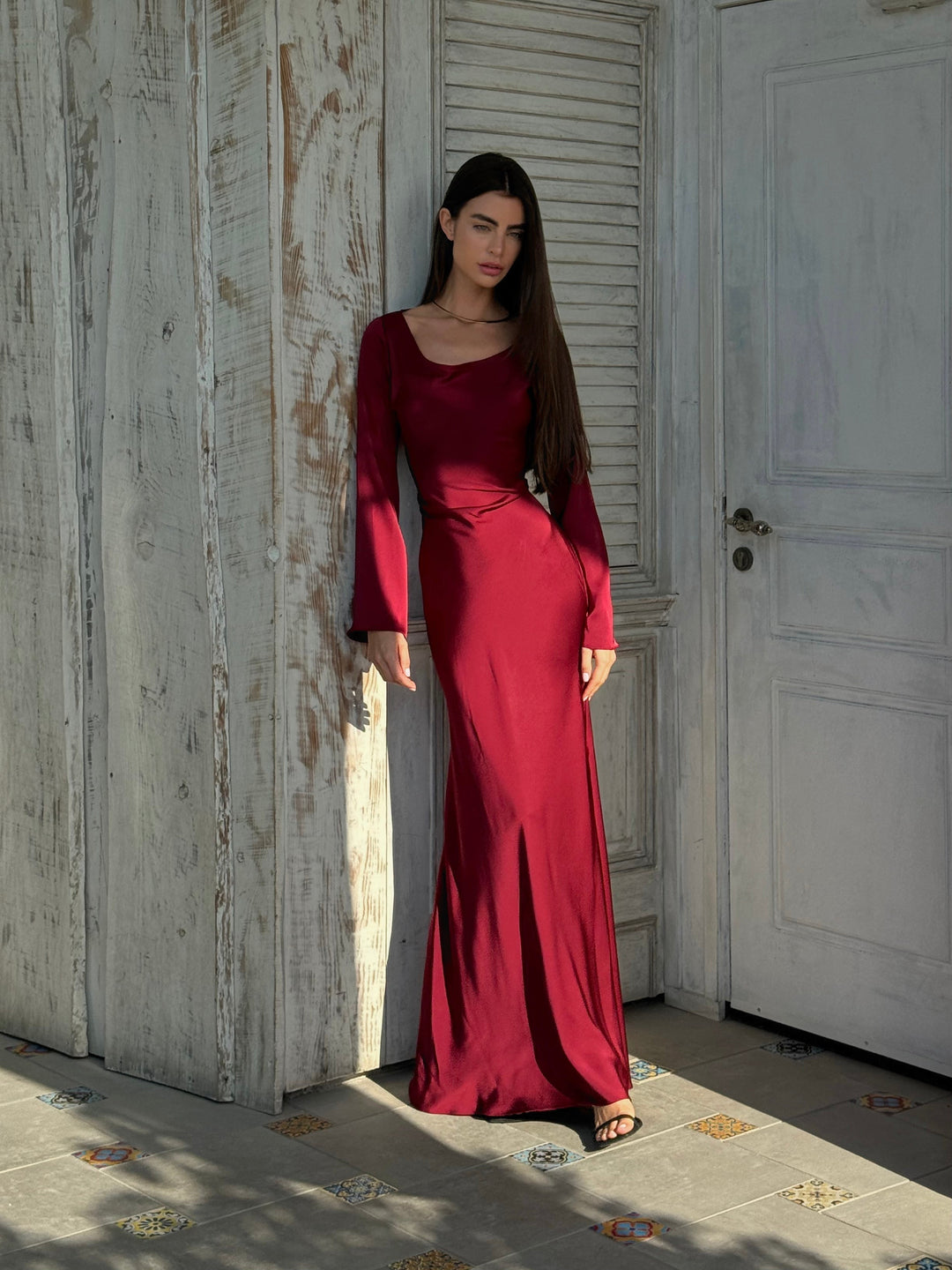 Women's Satin Maxi Dress Long Sleeve A-Line Empire Waist