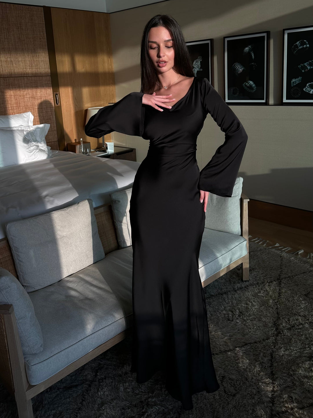 Women's Satin Maxi Dress Long Sleeve A-Line Empire Waist