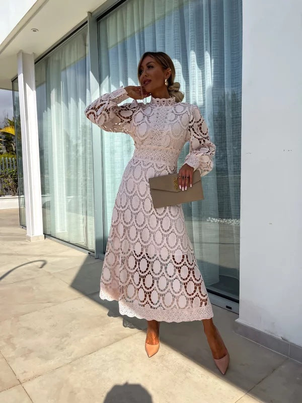 Women's Midi Dress Lace Floral A-Line Puff Sleeve High Neck Formal Wear