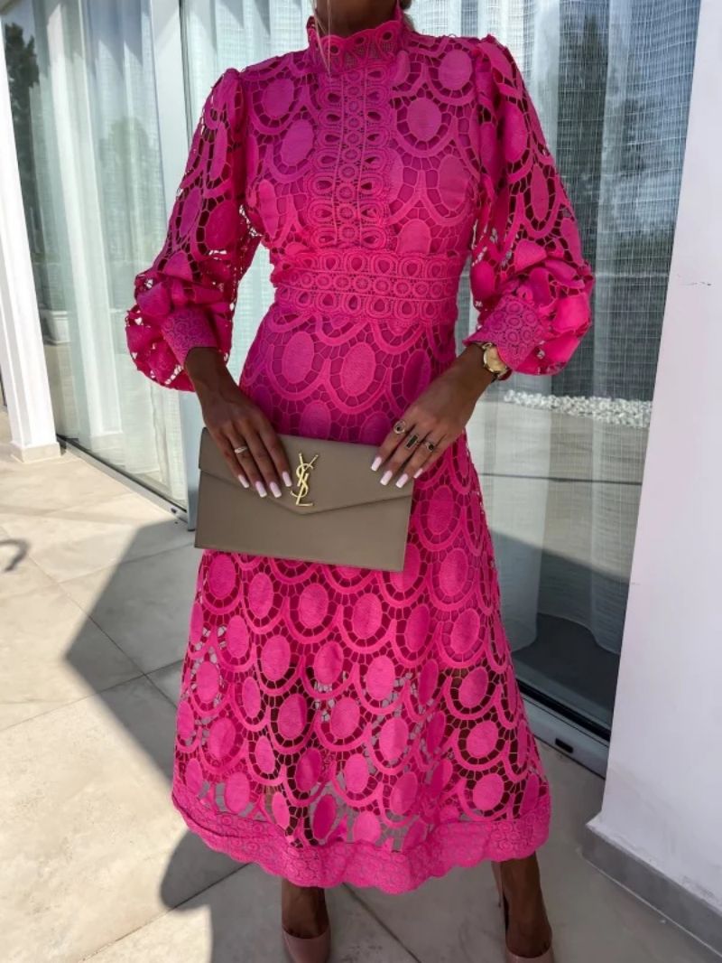 Women's Midi Dress Lace Floral A-Line Puff Sleeve High Neck Formal Wear