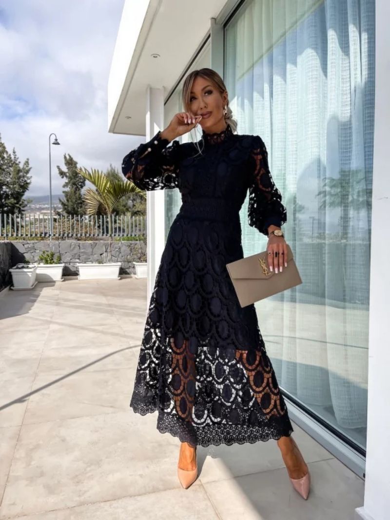 Women's Midi Dress Lace Floral A-Line Puff Sleeve High Neck Formal Wear