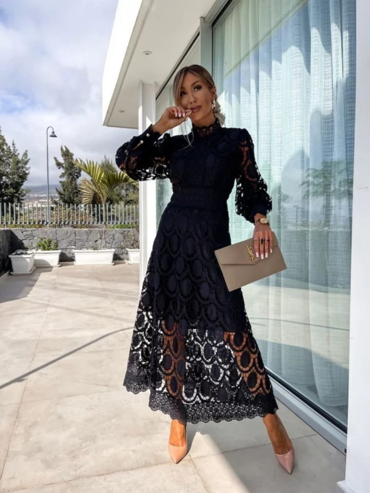 Women's Midi Dress Lace Floral A-Line Puff Sleeve High Neck Formal Wear