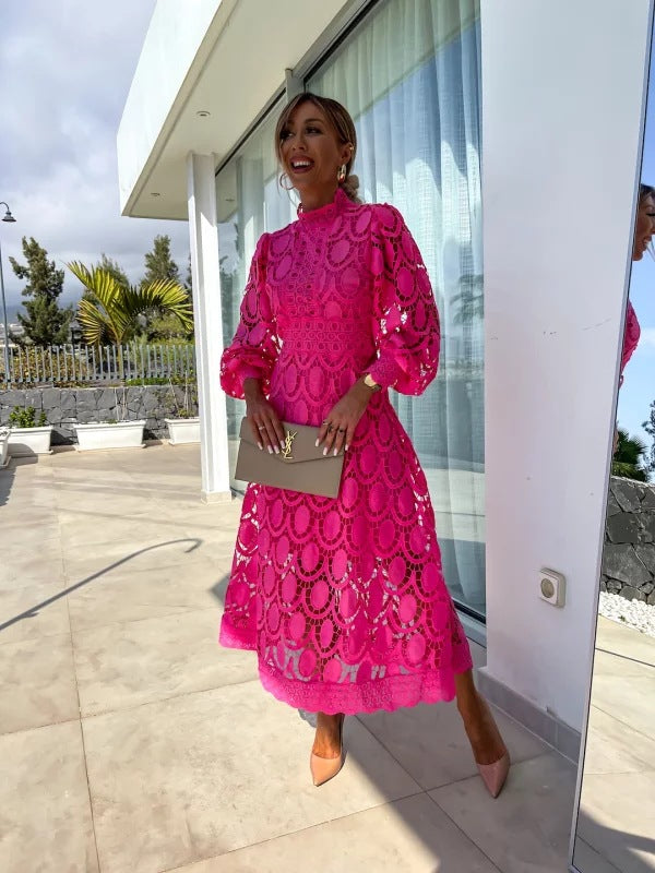 Women's Midi Dress Lace Floral A-Line Puff Sleeve High Neck Formal Wear