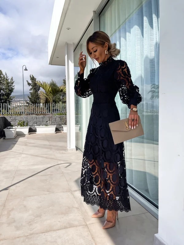 Women's Midi Dress Lace Floral A-Line Puff Sleeve High Neck Formal Wear