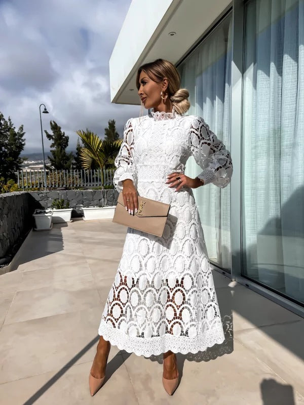 Women's Midi Dress Lace Floral A-Line Puff Sleeve High Neck Formal Wear