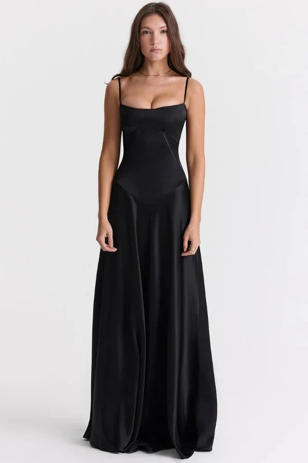 Women's Maxi Dress Satin Corset Lace-Up Back Spaghetti Strap Floor Length