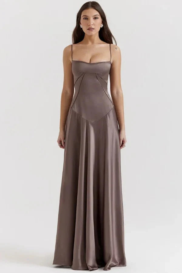 Women's Maxi Dress Satin Corset Lace-Up Back Spaghetti Strap Floor Length