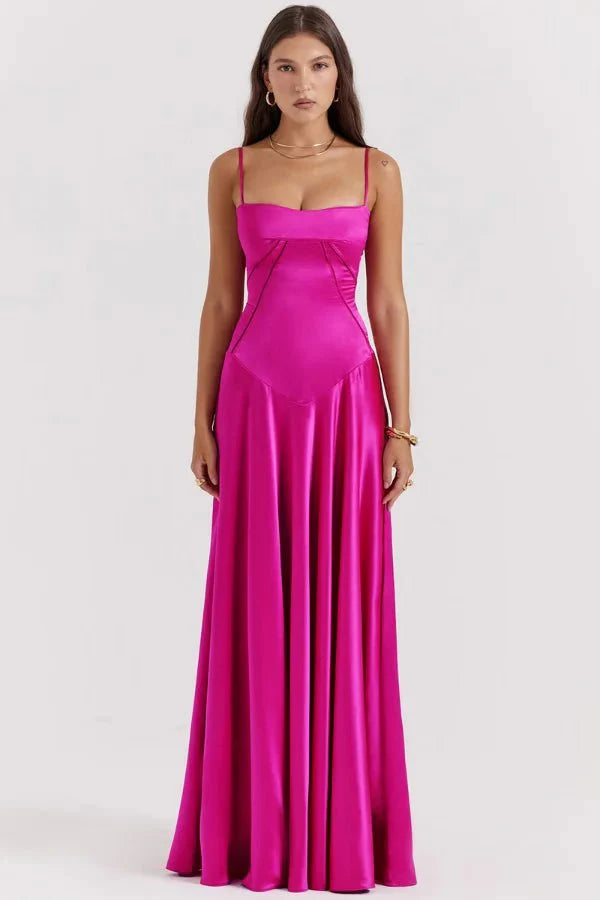 Women's Maxi Dress Satin Corset Lace-Up Back Spaghetti Strap Floor Length