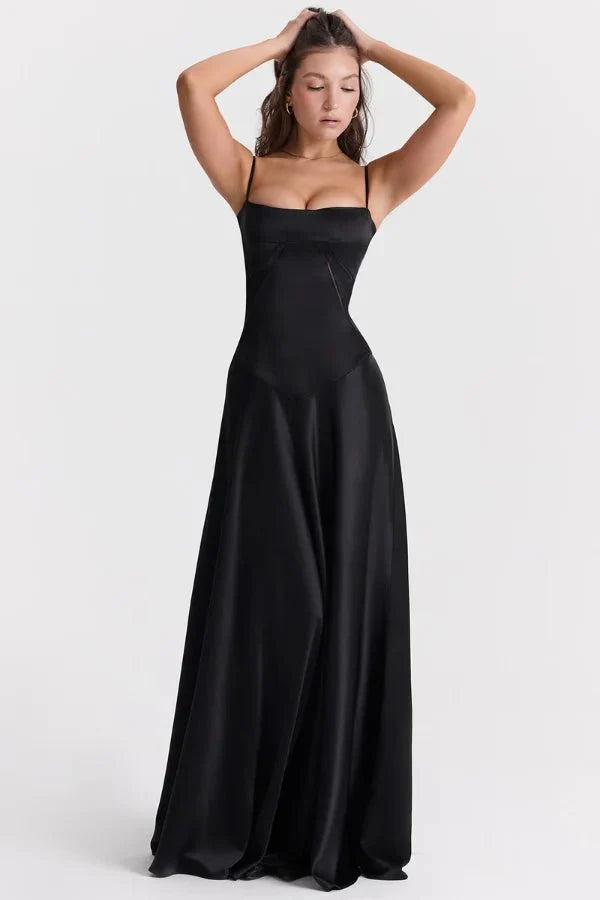 Women's Maxi Dress Satin Corset Lace-Up Back Spaghetti Strap Floor Length