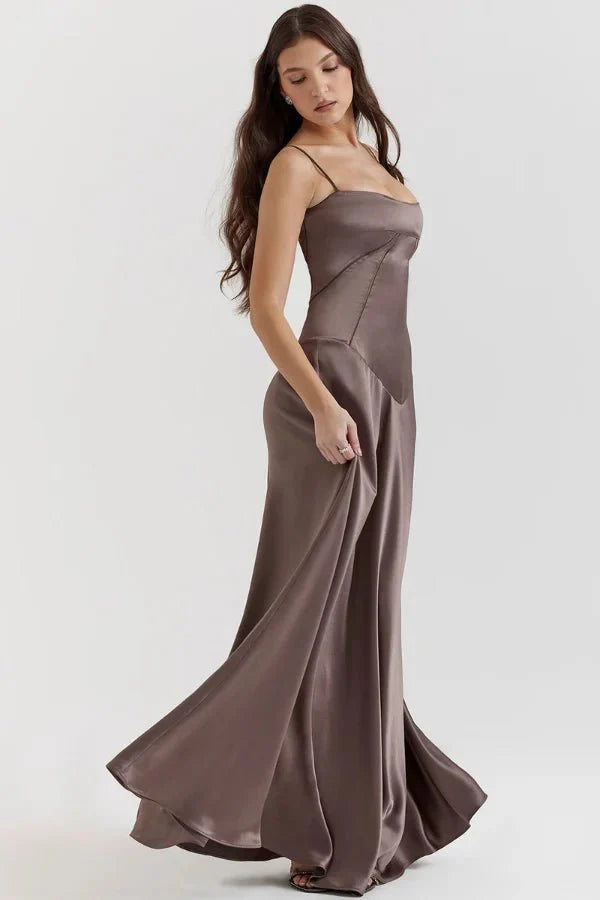 Women's Maxi Dress Satin Corset Lace-Up Back Spaghetti Strap Floor Length