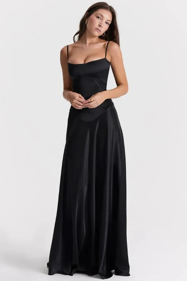 Women's Maxi Dress Satin Corset Lace-Up Back Spaghetti Strap Floor Length