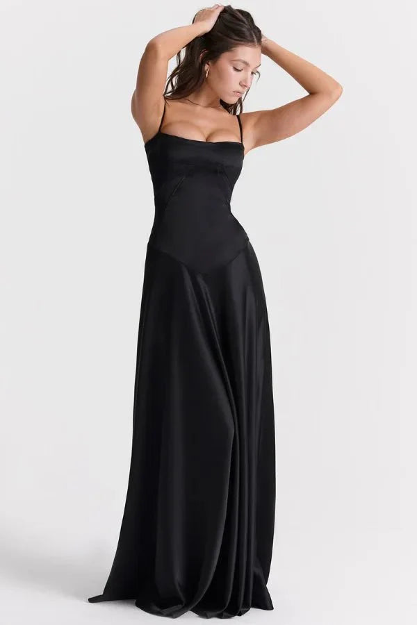 Women's Maxi Dress Satin Corset Lace-Up Back Spaghetti Strap Floor Length