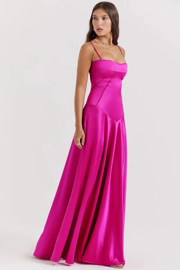 Women's Maxi Dress Satin Corset Lace-Up Back Spaghetti Strap Floor Length