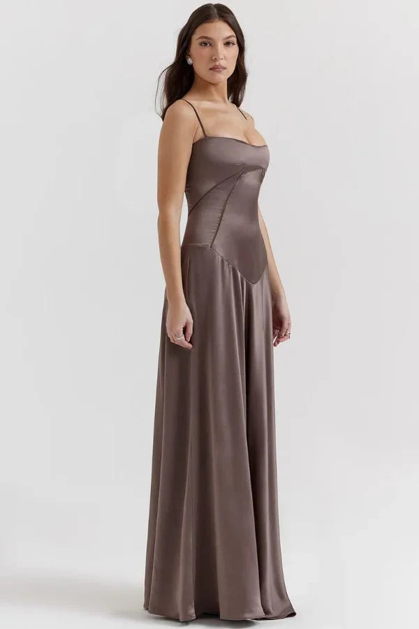 Women's Maxi Dress Satin Corset Lace-Up Back Spaghetti Strap Floor Length