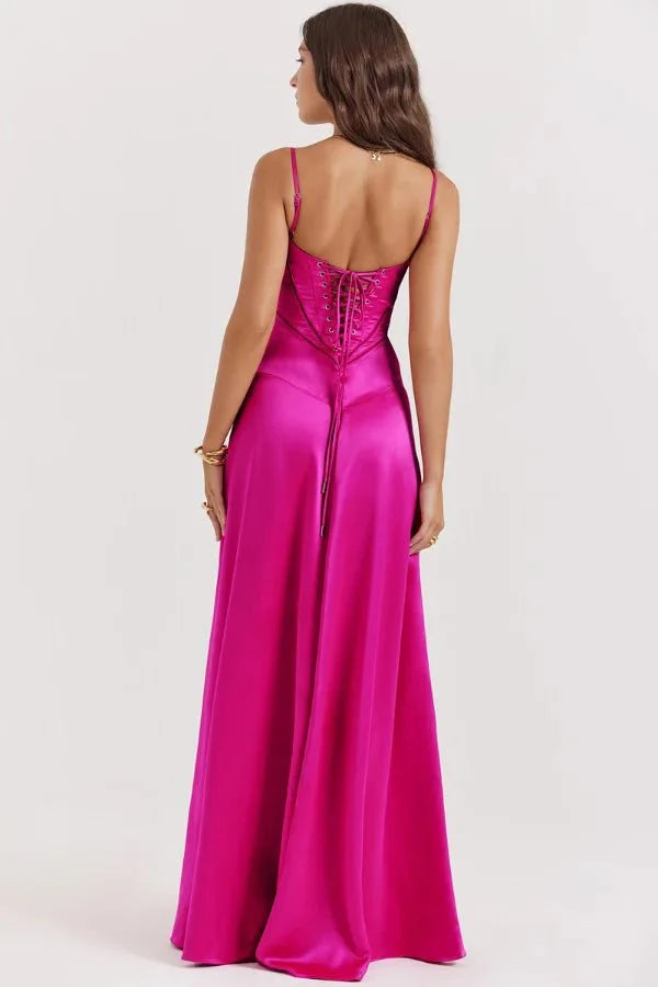 Women's Maxi Dress Satin Corset Lace-Up Back Spaghetti Strap Floor Length