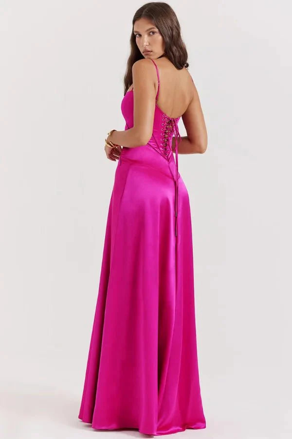 Women's Maxi Dress Satin Corset Lace-Up Back Spaghetti Strap Floor Length