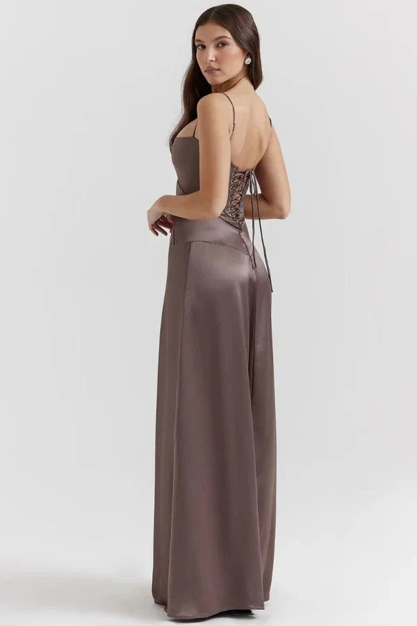 Women's Maxi Dress Satin Corset Lace-Up Back Spaghetti Strap Floor Length