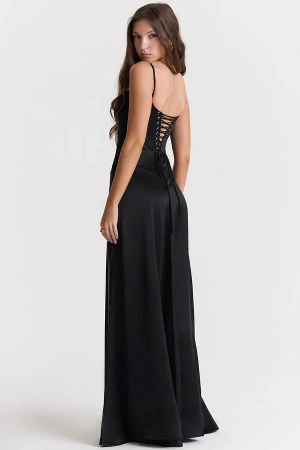 Women's Maxi Dress Satin Corset Lace-Up Back Spaghetti Strap Floor Length