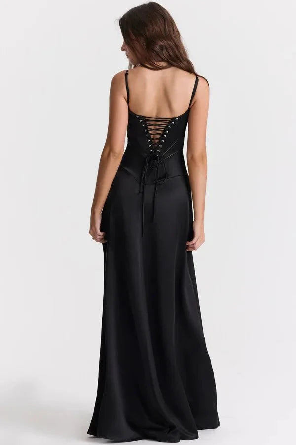 Women's Maxi Dress Satin Corset Lace-Up Back Spaghetti Strap Floor Length