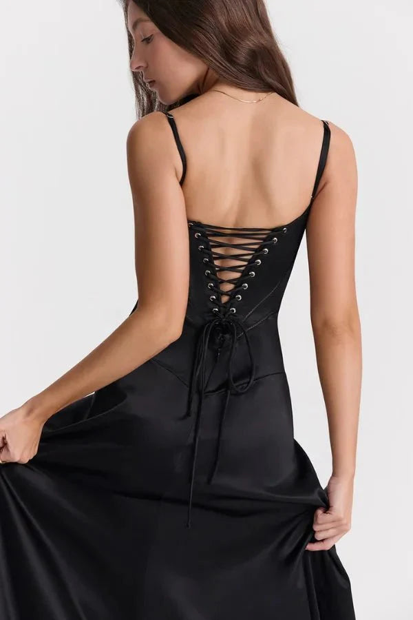 Women's Maxi Dress Satin Corset Lace-Up Back Spaghetti Strap Floor Length