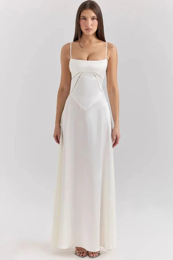 Women's Maxi Dress Satin Corset Lace-Up Back Spaghetti Strap Floor Length