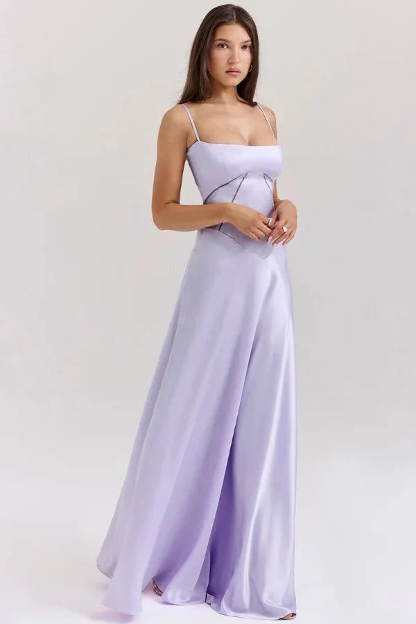 Women's Maxi Dress Satin Corset Lace-Up Back Spaghetti Strap Floor Length