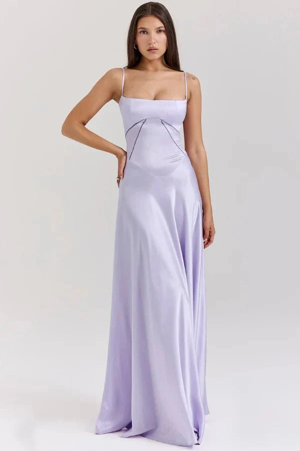 Women's Maxi Dress Satin Corset Lace-Up Back Spaghetti Strap Floor Length