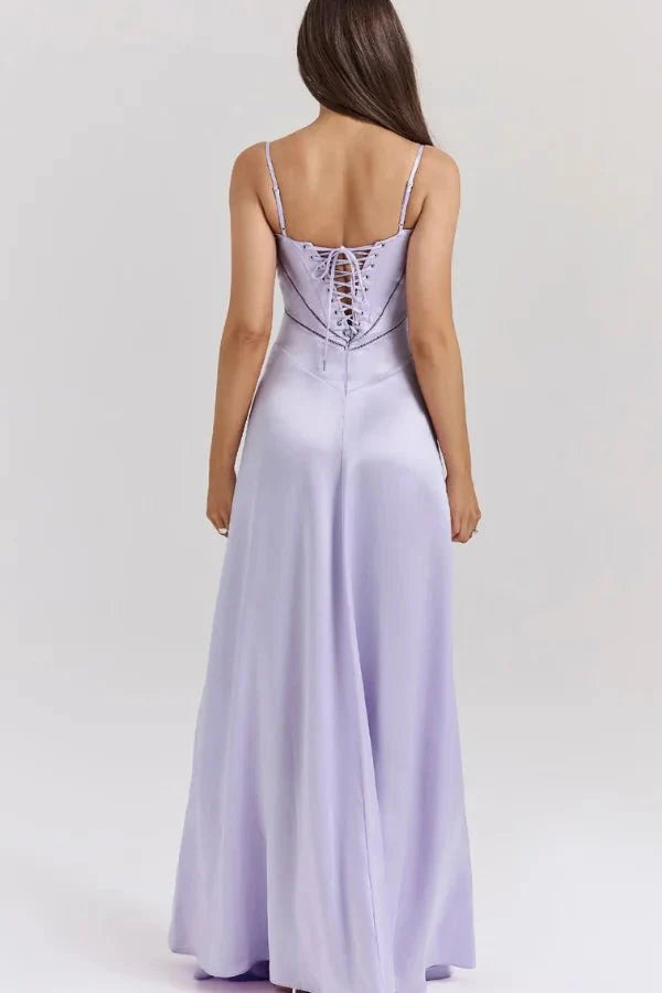 Women's Maxi Dress Satin Corset Lace-Up Back Spaghetti Strap Floor Length