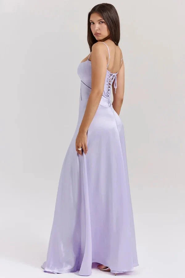 Women's Maxi Dress Satin Corset Lace-Up Back Spaghetti Strap Floor Length