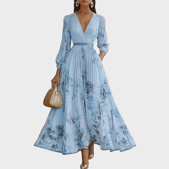 Women's Velvet Maxi Dress Pleated Long Sleeve
