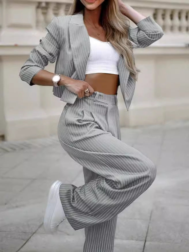 Women's Suit Set Striped Tailored Blazer And Straight Leg Pants Casual Elegant
