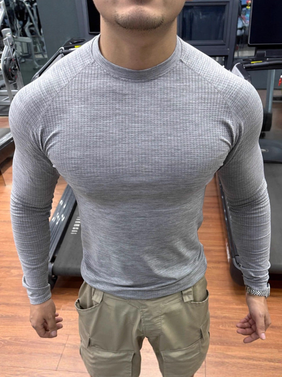 Men's T-Shirt Jacquard Slim Fit Long Sleeve Breathable Quick-Dry Stretch Sports
