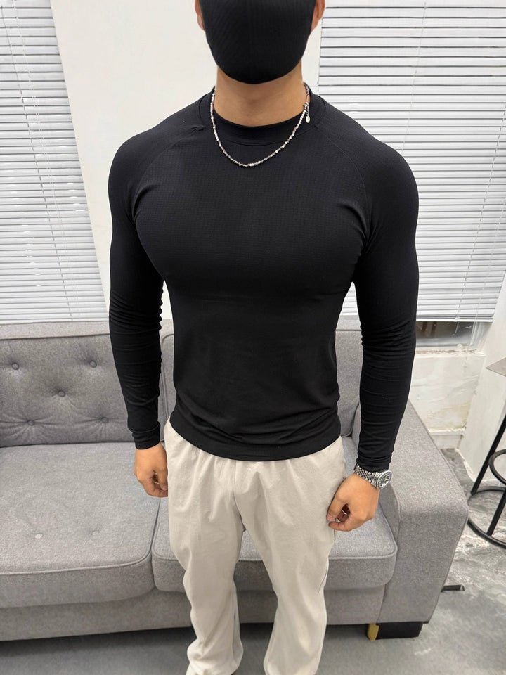 Men's T-Shirt Jacquard Slim Fit Long Sleeve Breathable Quick-Dry Stretch Sports