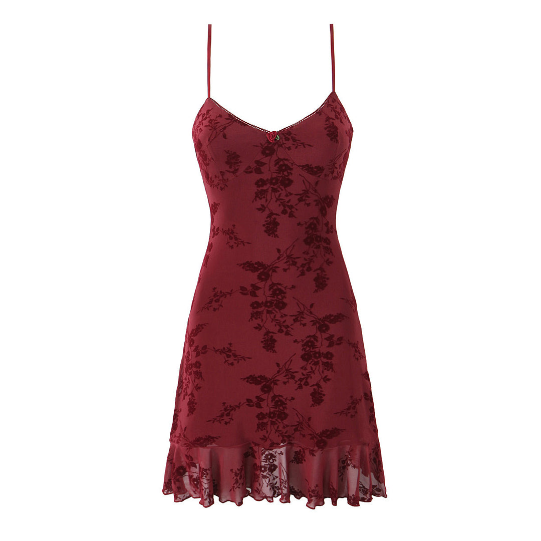 Women’s Mini Dress Vintage Floral Flocking Slim Fit Backless V-Neck Sleeveless Bodycon Cocktail Dress