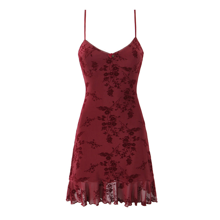 Women’s Mini Dress Vintage Floral Flocking Slim Fit Backless V-Neck Sleeveless Bodycon Cocktail Dress