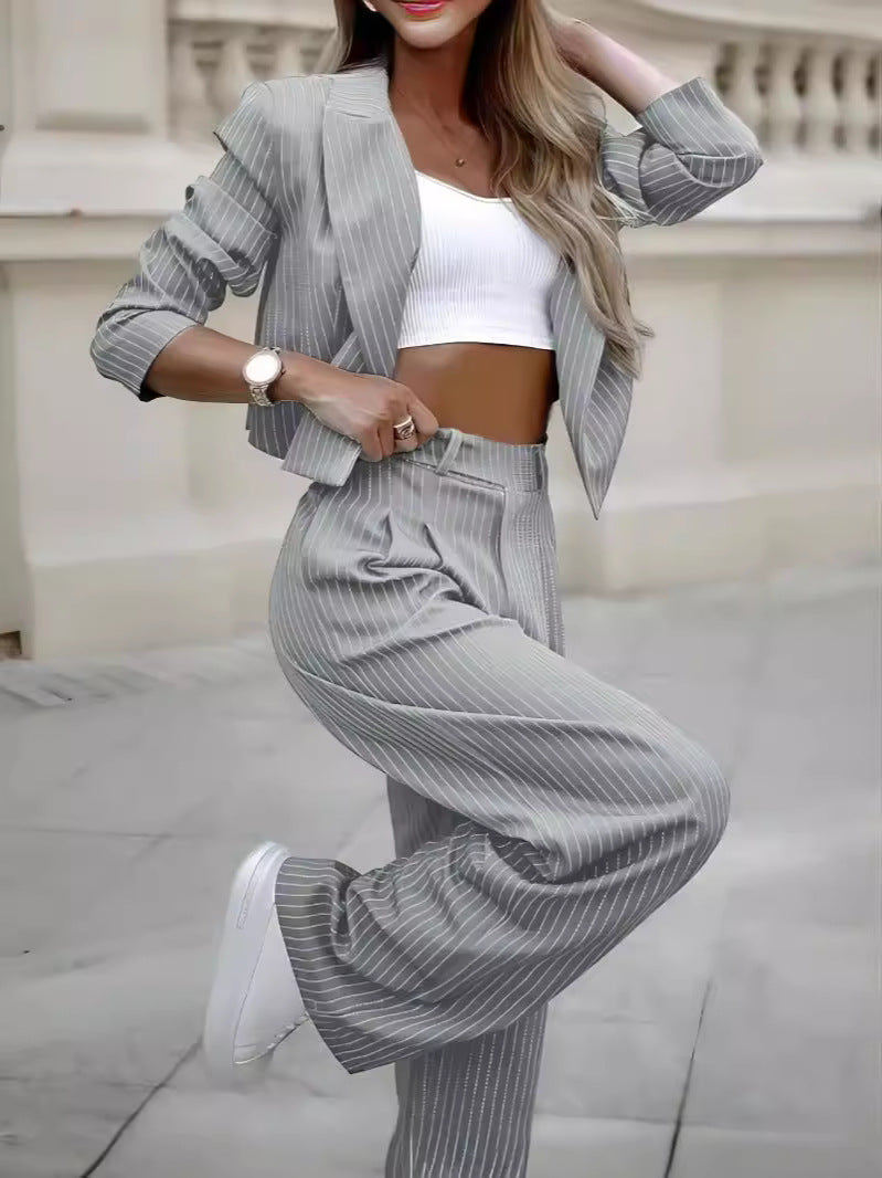 Women's Suit Set Striped Tailored Blazer And Straight Leg Pants Casual Elegant