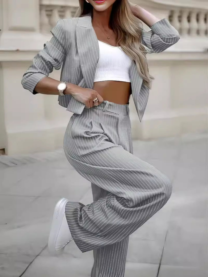 Women's Suit Set Striped Tailored Blazer And Straight Leg Pants Casual Elegant