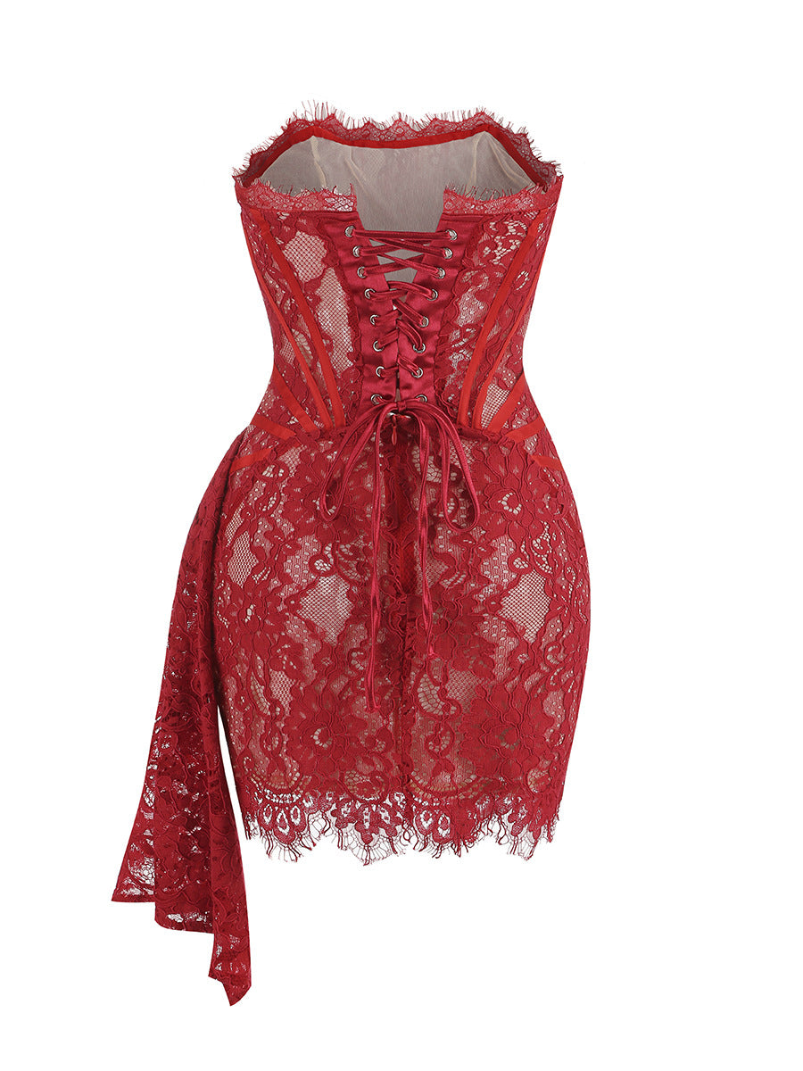 Women’s Mini Dress Lace Bodycon Off-Shoulder Strapless Slim Fit Corset Party Dress