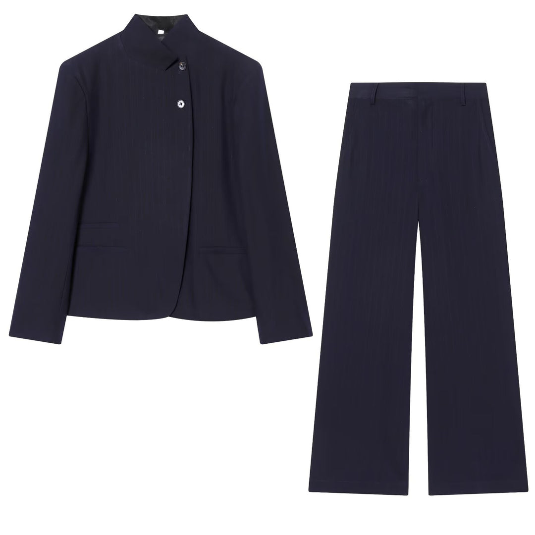 Women's Suit Set Striped High Neck Jacket And High Waist Wide Leg Pants