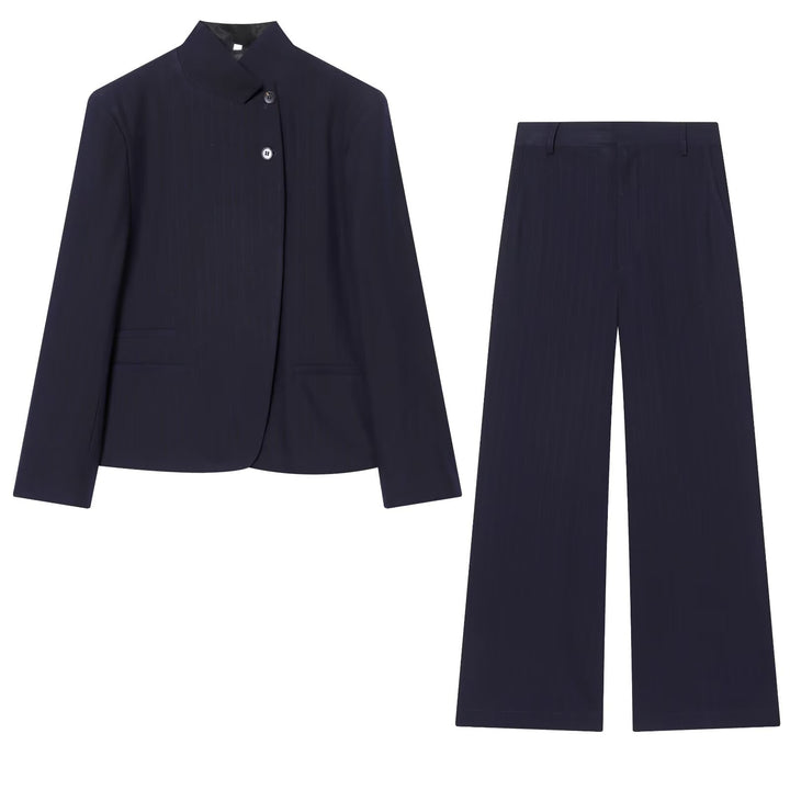 Women's Suit Set Striped High Neck Jacket And High Waist Wide Leg Pants