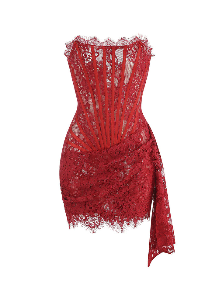 Women’s Mini Dress Lace Bodycon Off-Shoulder Strapless Slim Fit Corset Party Dress
