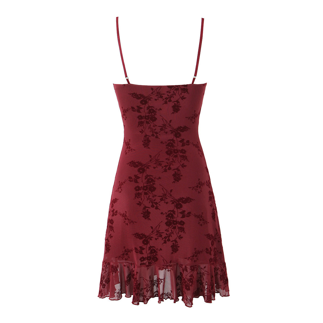 Women’s Mini Dress Vintage Floral Flocking Slim Fit Backless V-Neck Sleeveless Bodycon Cocktail Dress