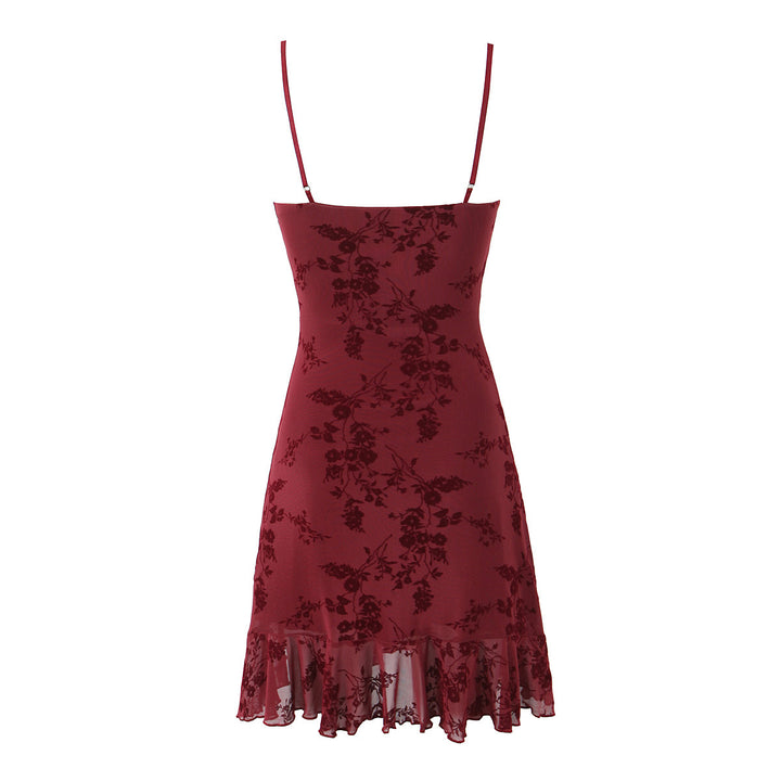 Women’s Mini Dress Vintage Floral Flocking Slim Fit Backless V-Neck Sleeveless Bodycon Cocktail Dress