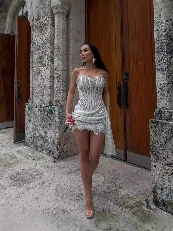 Women’s Mini Dress Lace Bodycon Off-Shoulder Strapless Slim Fit Corset Party Dress