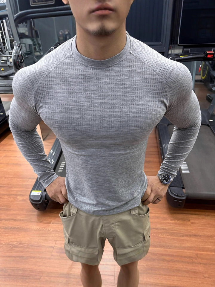 Men's T-Shirt Jacquard Slim Fit Long Sleeve Breathable Quick-Dry Stretch Sports
