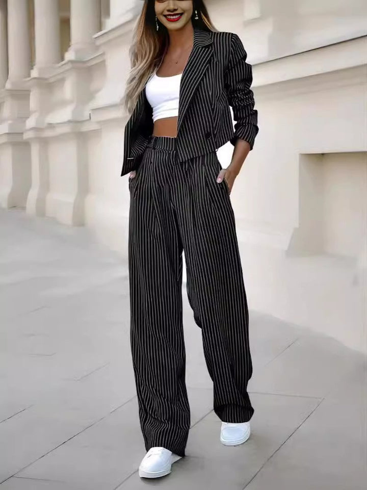 Women's Suit Set Striped Tailored Blazer And Straight Leg Pants Casual Elegant