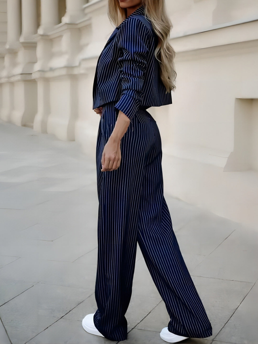 Women's Suit Set Striped Tailored Blazer And Straight Leg Pants Casual Elegant