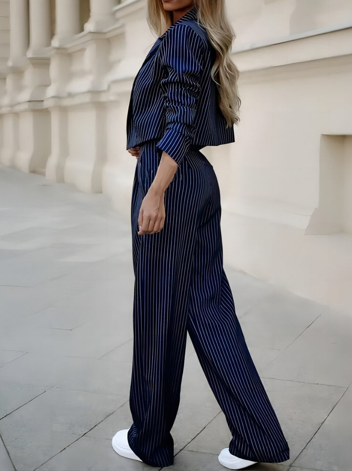 Women's Suit Set Striped Tailored Blazer And Straight Leg Pants Casual Elegant