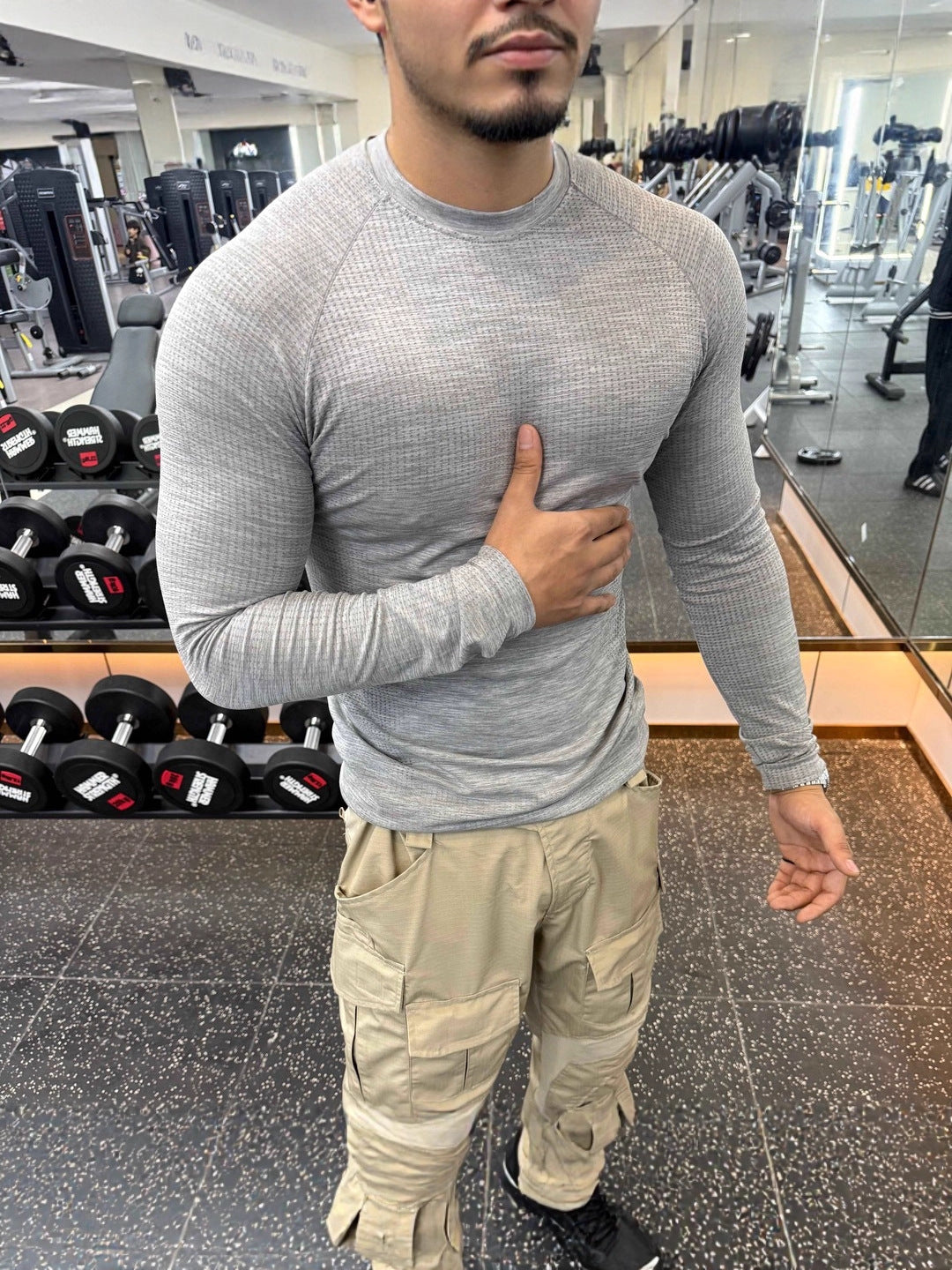 Men's T-Shirt Jacquard Slim Fit Long Sleeve Breathable Quick-Dry Stretch Sports